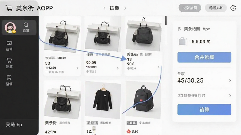 美条街APP购物车页面截图,显示多件商品合并结算的便捷操作