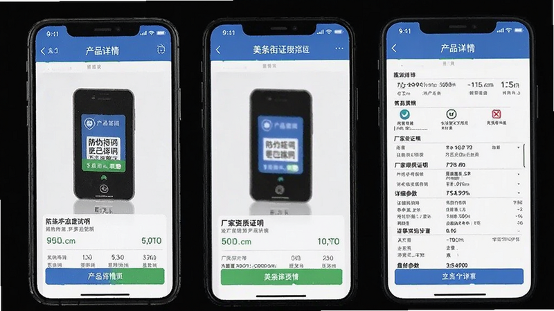 美条街APP内展示产品详情页,包含防伪标识、厂家资质证明和详细参数
