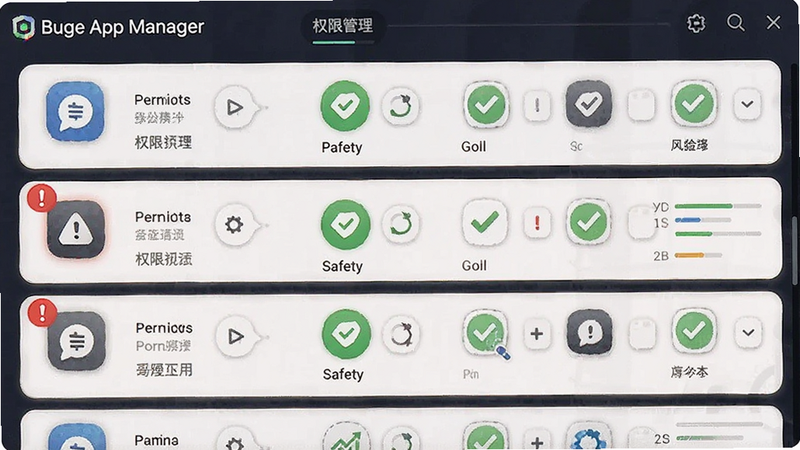 Buge App Manager Ȩ�޹������棬�г����Ӧ�ó�����Ȩ��ͼ�꣬��ɫ��ʾ��Ǹ߷���Ӧ�ã���ɫ��ǰ�ȫӦ�ã����ݿ��ӻ����