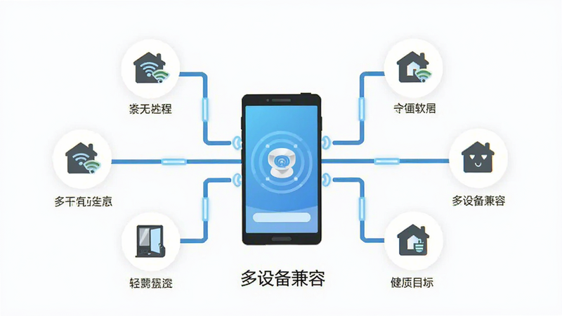 手机远程全天看家监控软件设备连接图,展示多个智能家居图标通过线条汇聚到中心手机屏幕,体现“多设备兼容”概念,风格为极简矢量图