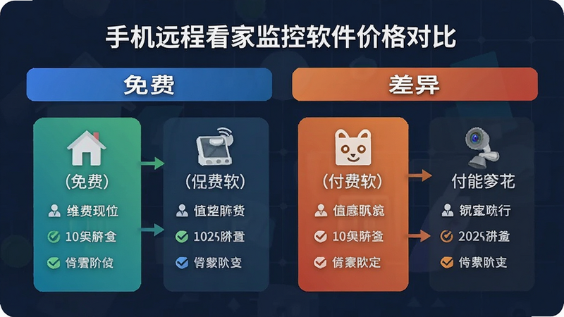 手机远程看家监控软件价格对比图,展示免费与付费功能差异,风格为信息图表,简洁明了