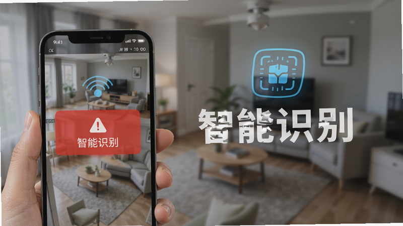 手机远程全天看家监控软件报警场景图,显示手机屏幕弹出红色警告框,背景为模糊的室内监控画面,强调“智能识别”字样,风格为现代安全科技图标