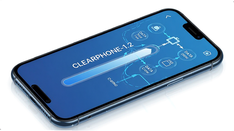 ClearPhone-1.2 cleaning process illustration, smartphone screen showing progress bar, clean interface, data flow visualization, blue and white theme, modern UI design, high detail, no extra elements