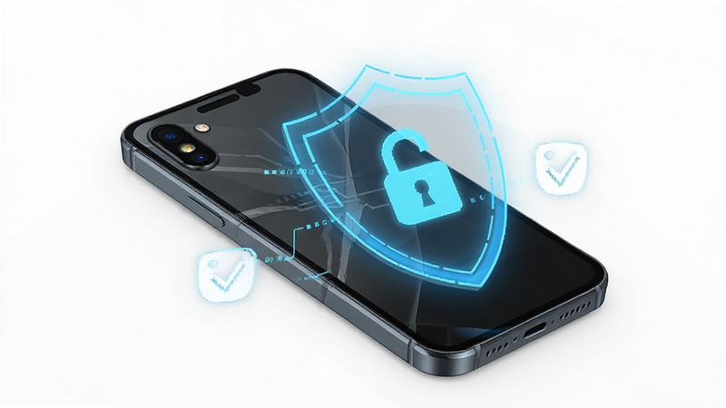 ClearPhone-1.2 privacy shield concept, digital lock icon, smartphone with shield overlay, security check visualization, blue accent colors, tech style, clean background, no text