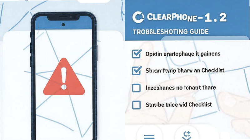 ClearPhone-1.2 troubleshooting guide, smartphone with warning icon, step-by-step checklist, clean UI, blue and white theme, simple illustration, no text