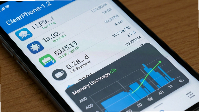 ClearPhone-1.2 background process management, list of running apps, battery icon, memory usage chart, smartphone UI, clean layout, blue and grey tones, modern design, high clarity