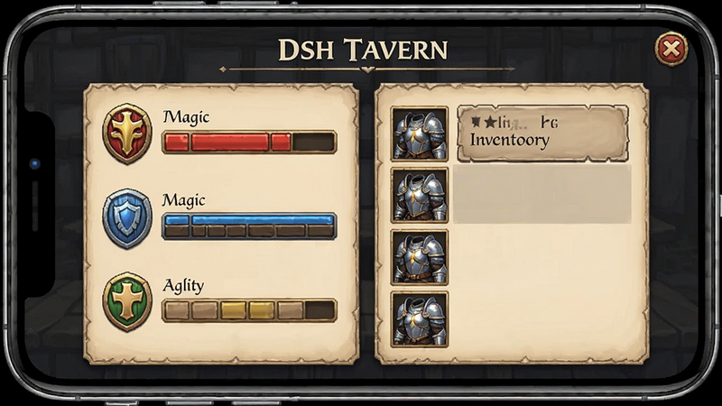 DSH Tavern character stats screen, RPG attributes like Strength Magic Agility, inventory list, fantasy armor icons, UI elements, modern mobile design