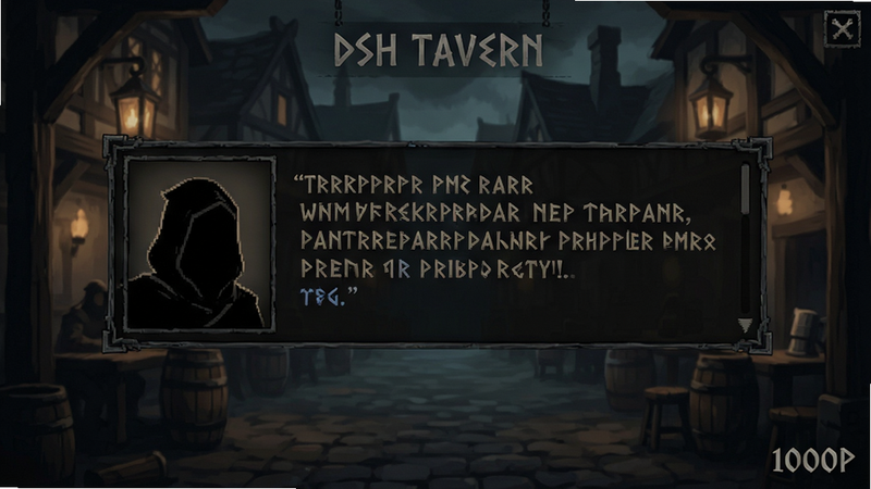 DSH Tavern screenshot, text based RPG interface, dark mode theme, fantasy font, dialogue box, character portrait silhouette, clean layout, 1080p