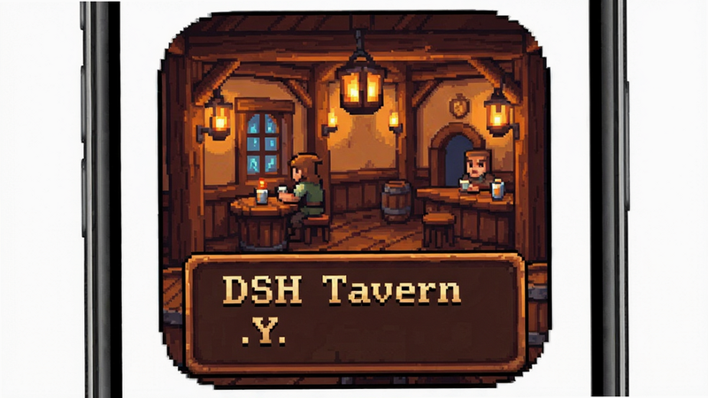 DSH Tavern app icon, fantasy tavern setting, pixel art style, clean UI, mobile interface, warm lighting, detailed text box, no clutter, high quality