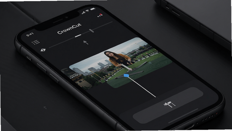 CrownCut app interface showing video timeline and trim buttons, clean modern UI, dark mode theme, professional look, high quality