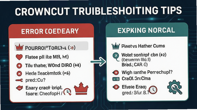 CrownCut troubleshooting tips graphic, error codes explained, clean infographic style