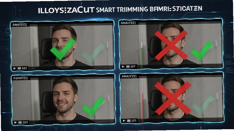 CrownCut smart trimming feature illustration, video frames being analyzed, green checkmarks on good clips, red crosses on bad ones, tech style