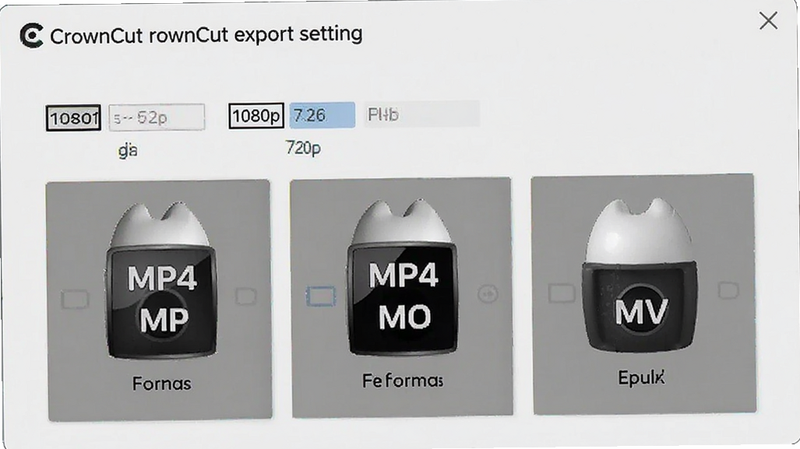 CrownCut export settings screen, resolution options 1080p 720p visible, file format icons MP4 MOV