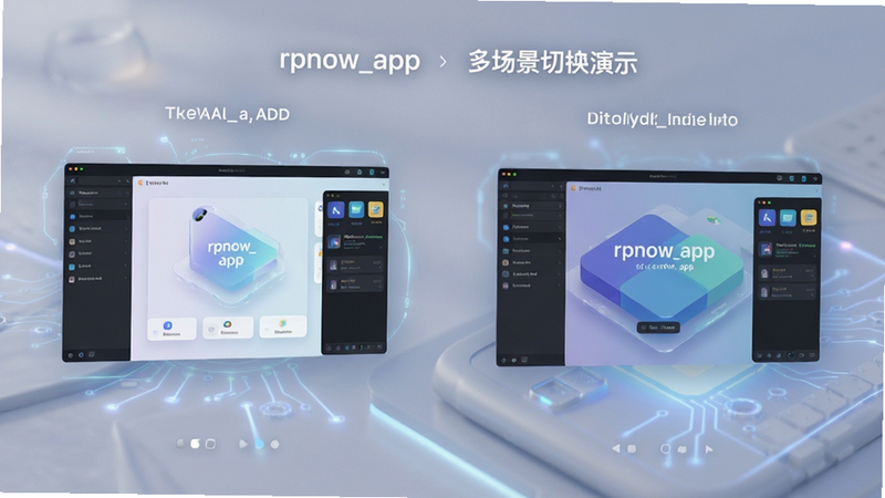 rpnow_app 多场景切换演示,不同背景下的软件界面,柔和光线,科技感