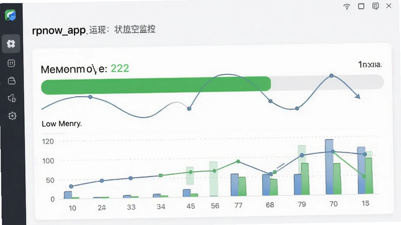 rpnow_app 运行状态监控界面,显示低内存占用,绿色进度条,简洁图表