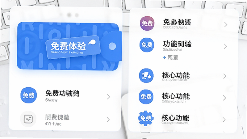 主体为免费标签与功能列表,布局为卡片式,排版清晰,风格为商务简约风,细节包含“免费”、“核心功能”图标,画质高清,干净,文字“免费体验”