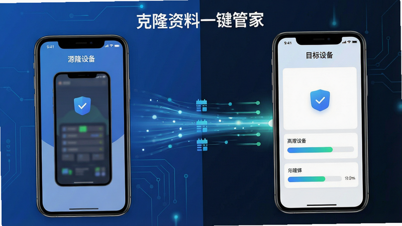 主体为“克隆资料一键管家”手机应用界面,布局为左右分屏对比显示两台手机,左侧为源设备,右侧为目标设备,中间有高速数据流连接,排版简洁现代,风格为扁平化科技风,细节包含数据流动效与进度条,画质4K高清,干净无多余元素,文字“克隆资料一键管家”清晰可见