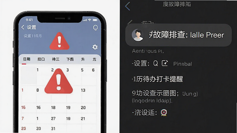 日历待办打卡提醒 故障排查示意图,手机界面,红色警告图标,设置菜单,清晰文字说明,简约风格