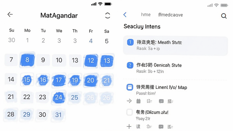 日历待办打卡提醒 app界面截图,展示日历视图与待办事项列表,简洁扁平风格,白色背景,蓝色高亮日期,清晰文字排版,现代UI设计,高清细节