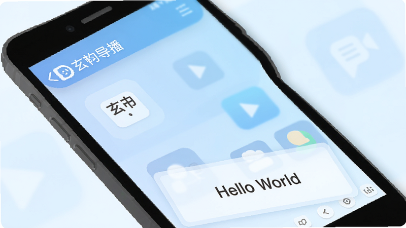 扁平设计风格示意图,手机屏幕显示“玄杓导播”应用正在添加字幕,字幕框位于画面下方,文字为“Hello World”,背景为柔和的浅蓝色渐变,图标简洁,无复杂纹理