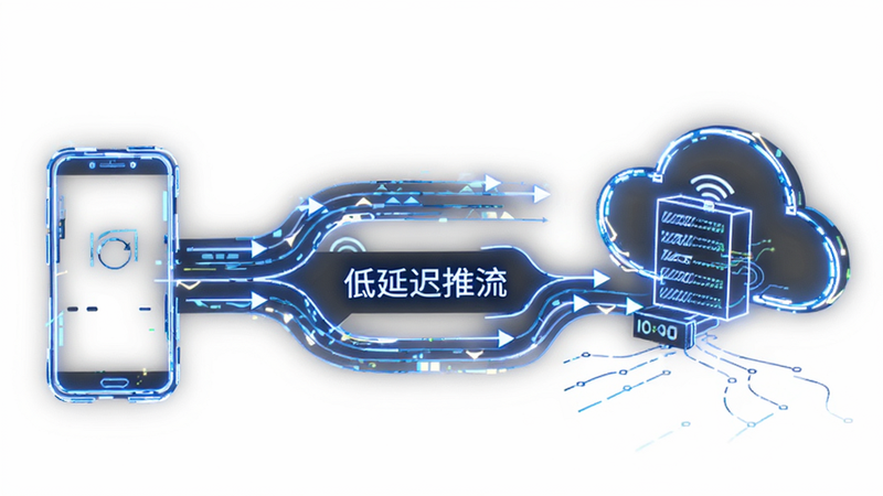 科技感线条图,展示“玄杓导播”的数据传输路径,箭头从手机指向云端服务器,线条流畅,背景为纯白,文字标签“低延迟推流”位于中心,风格简约现代