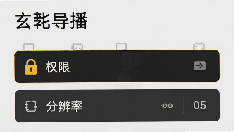 简单图标组合,展示“玄杓导播”应用设置菜单,突出“权限”和“分辨率”选项,背景为浅灰,文字清晰,无复杂背景