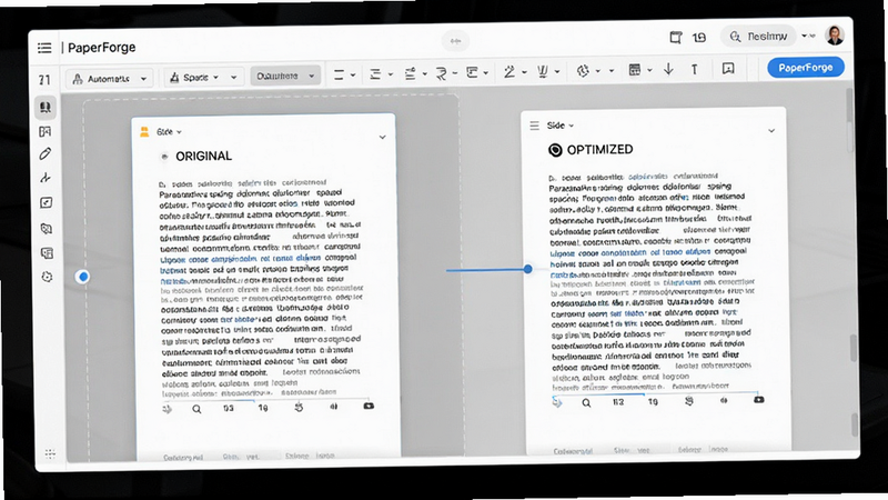 PaperForge document editing interface showing automatic paragraph spacing adjustment, side-by-side comparison of original vs optimized layout, clean modern UI, white and gray tones, professional software screenshot style