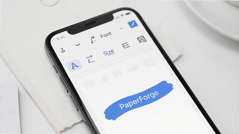 PaperForge app interface on smartphone screen showing a clean document editor with toolbar icons for font, size and formatting, minimalist UI design, white background with blue accent buttons, high resolution, realistic style, no text