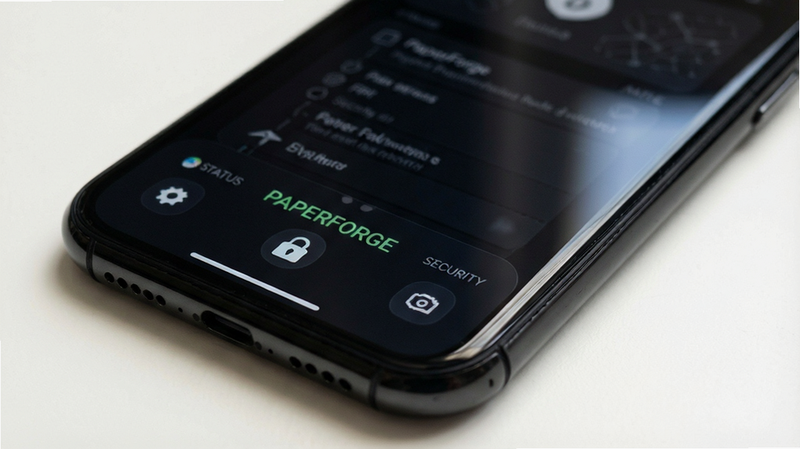 PaperForge offline mode indicator on smartphone status bar, lock icon representing security, dark theme interface elements, realistic phone mockup