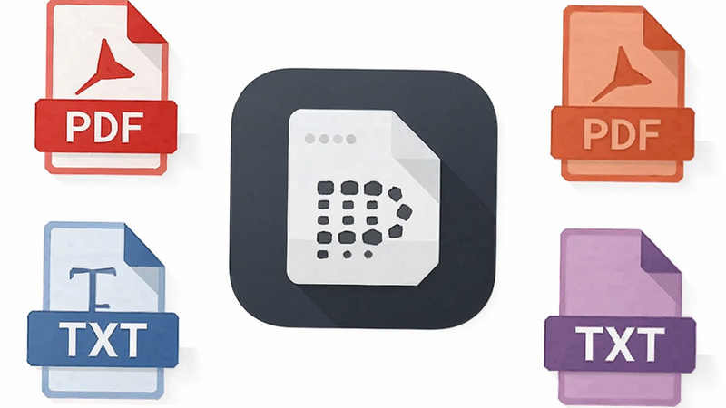 PaperForge app icon with file format icons for PDF and TXT surrounding it, flat design style, vector graphics, white background, simple geometric shapes