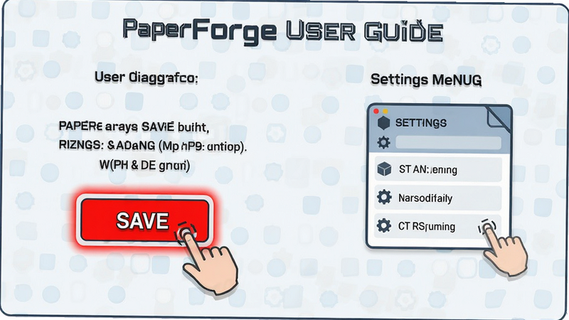 PaperForge user guide infographic showing save button highlighted in red and settings menu, instructional diagram style, clean vector illustration