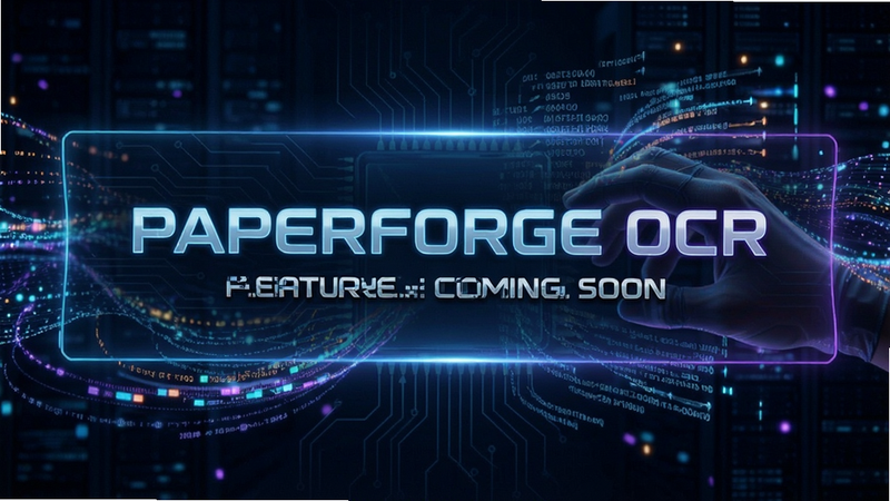 PaperForge OCR feature coming soon banner, futuristic tech style, abstract data flow visualization