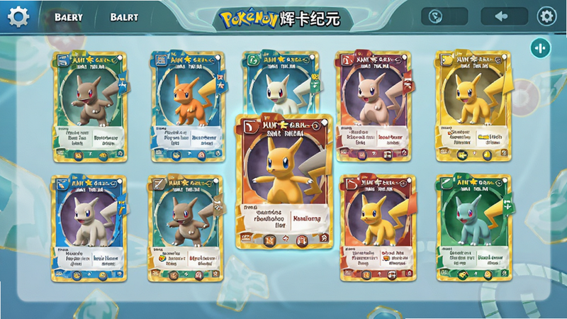 Pokémon 辉卡纪元卡牌展示界面,多张不同属性的宝可梦卡片整齐排列,背景为简洁的游戏UI风格,细节清晰,色彩明亮
