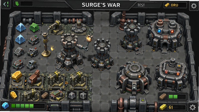 Surge’s War (Mobile Test) 基地建造界面,主体为正在组装的防御塔与资源采集区,布局左侧资源右侧建筑,排版紧凑,风格为工业模拟,细节包含进度条与资源图标,画质高清干净无多余元素