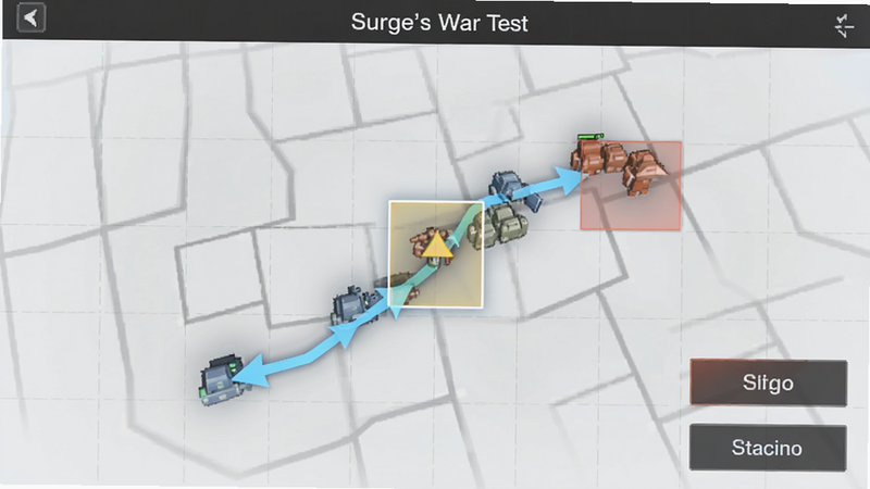 Surge’s War (Mobile Test) 实时战术界面截图,主体为部队移动路径与攻击指令按钮,布局上下分层,排版清晰,风格为UI设计极简风,细节包含高亮选中区域与地图网格,画质干净无多余元素