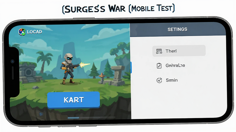 Surge’s War (Mobile Test) 新手教程示意图,主体为手机屏幕上的游戏加载界面与设置选项,布局简洁明了,排版突出关键按钮,风格为扁平化UI,细节包含清晰的文字标签,画质干净无多余元素