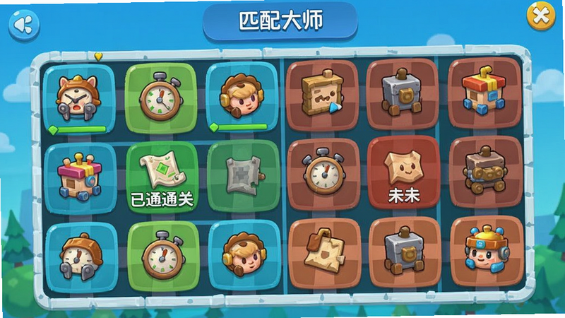 匹配大师关卡选择界面,网格状地图,显示已通关和未通关状态,卡通风格图标,明亮色调,UI界面清晰
