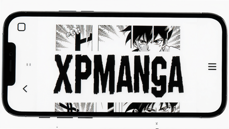 XPManga app interface on a smartphone screen showing a manga page, clean white background, modern minimalist UI design, high contrast text, realistic 3D render style, sharp details, no extra elements