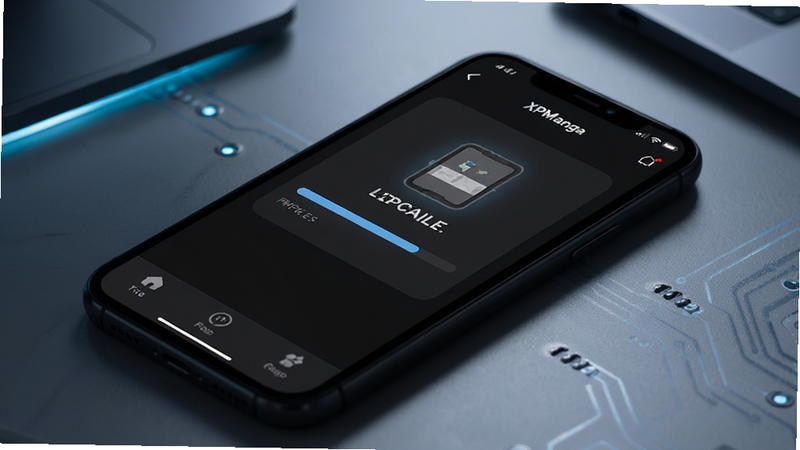 close-up of a smartphone displaying XPManga app loading a zip file, progress bar visible, dark mode interface, sleek tech aesthetic