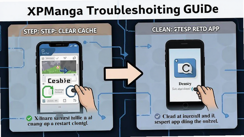 XPManga troubleshooting guide illustration, showing steps to clear cache and restart app, clean infographic style