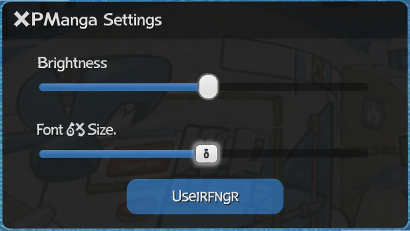 XPManga settings panel screenshot, sliders for brightness and font size, clear icons, user-friendly layout
