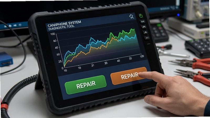 CanPhone system diagnostic tool with colorful graphs and repair buttons