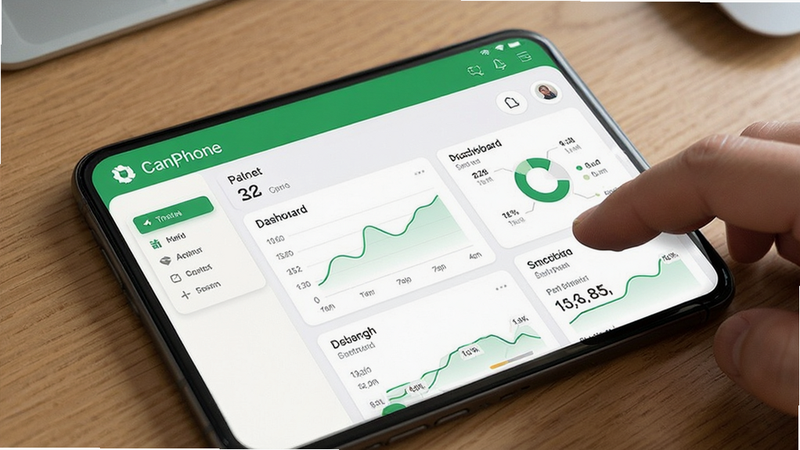 CanPhone app interface showing resource management dashboard with clean UI and green accents