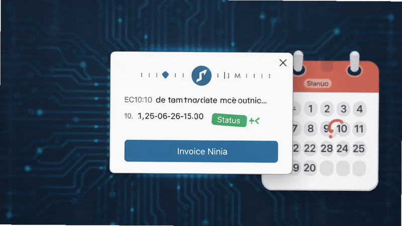 Invoice Ninja 自动提醒功能示意图,主体为通知弹窗与日历图标,布局中心聚焦,排版对称,风格科技感,细节显示时间戳与状态标记,画质干净无多余元素