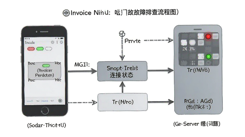 Invoice Ninja 故障排查流程图,主体为手机与服务器连接状态,布局线性清晰,排版直观,风格技术文档感,细节显示红绿指示灯与箭头,画质干净无多余元素
