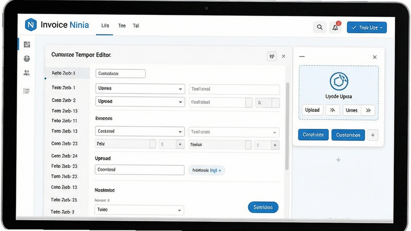 Invoice Ninja invoice template editor, showing customizable fields and logo upload area, sleek white background with blue accents, detailed UI elements