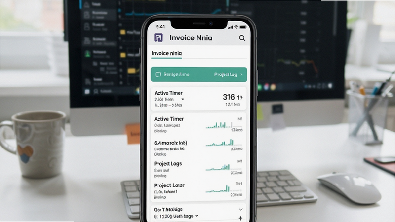 Time tracking dashboard in Invoice Ninja, showing active timers and project logs, mobile view with clear list layout