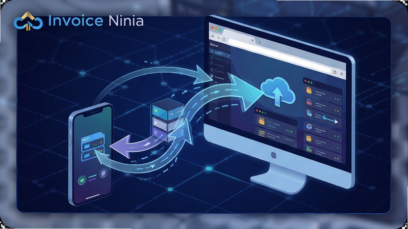 Cloud sync illustration for Invoice Ninja, connecting mobile device and desktop browser with data flow arrows, tech-oriented visual style