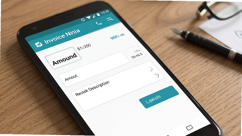 Invoice Ninja app interface on Android phone, clean modern UI, invoice creation screen with fields for amount and description, professional business style, high resolution, flat design