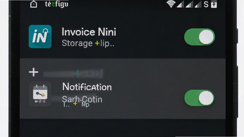 Android settings screen with permission toggles for Invoice Ninja, highlighting storage and notification permissions, clear iconography